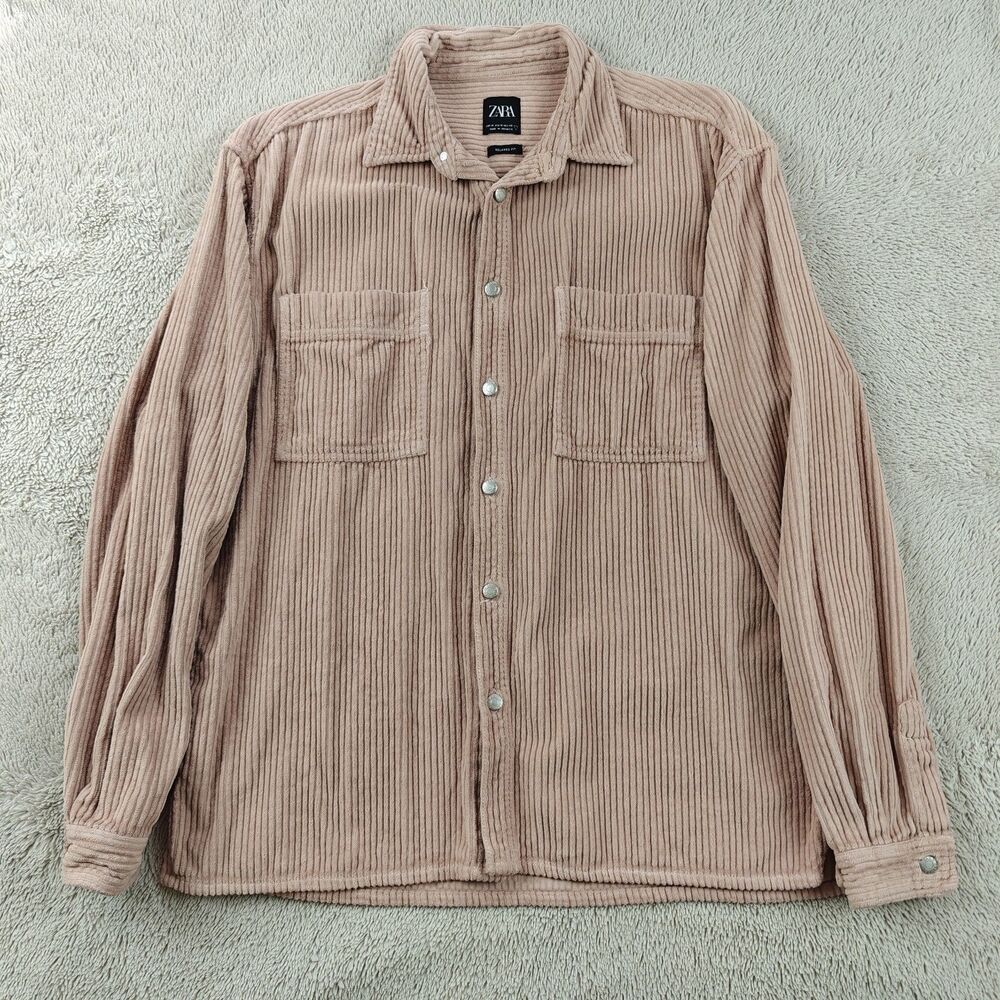 Zara Man Corduroy Shirt Men's M Beige Pink Thick Relaxed Overshirt 100% Cotton